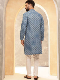 Anouk Blue Mandarin Collar Geometrik Sulam Labuci Kapas Tulen Kurta Lurus