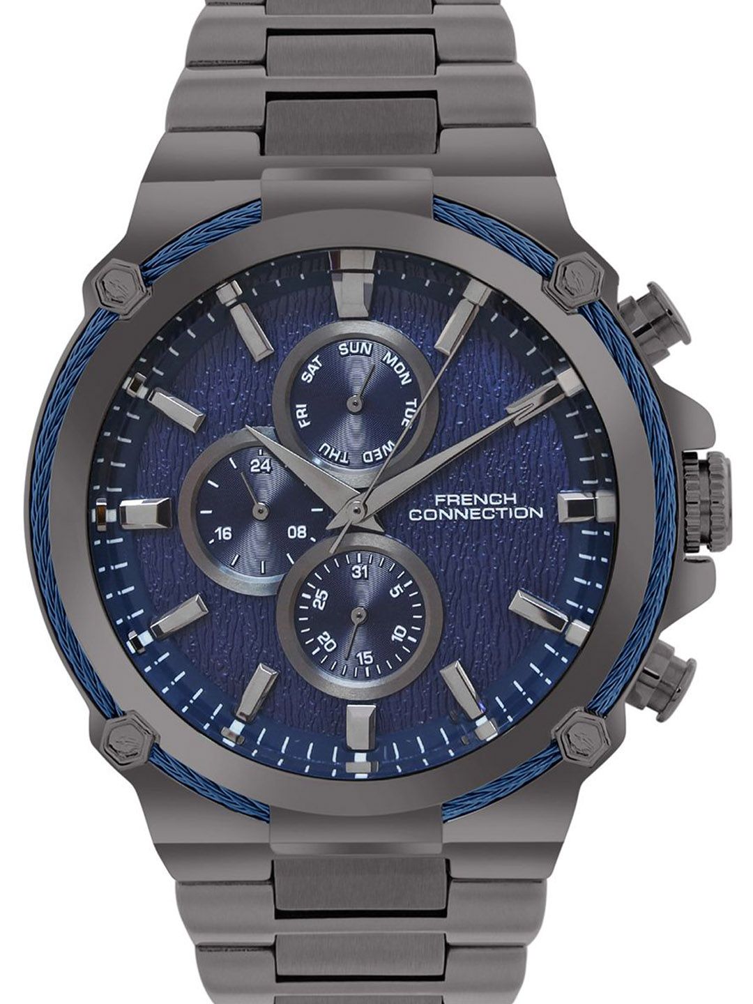 French Connection Men Patterned Dial & Stainless Steel Bracelet Style Straps Analogue Multi Function Watch