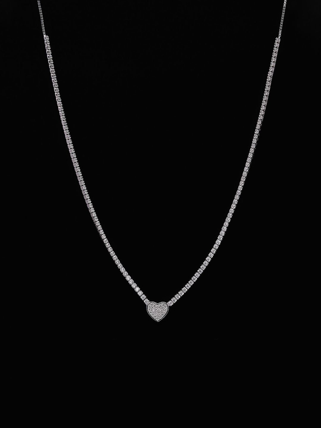 PANASH 925 Sterling Silver Rhodium-Plated CZ-Studded Heart Necklace