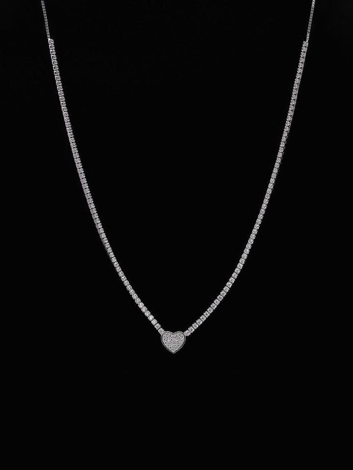 PANASH 925 Sterling Silver Rhodium-Plated CZ-Studded Heart Necklace