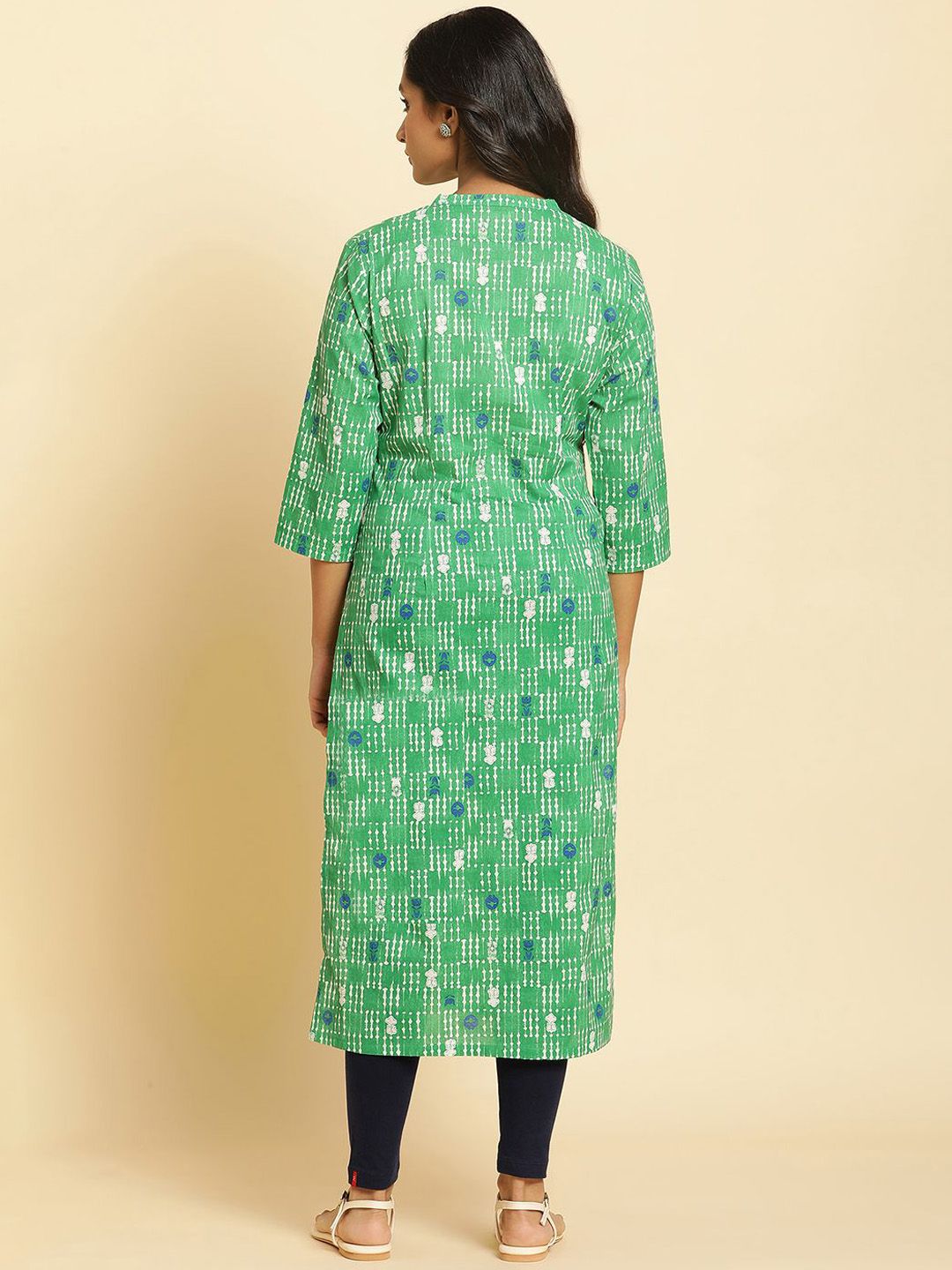W Striped Mandarin Collar Thread Work Cotton Straight Kurta