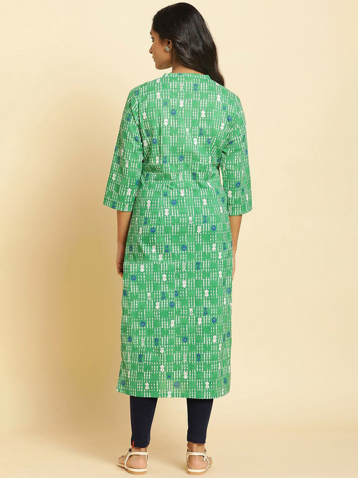 W Striped Mandarin Collar Thread Work Cotton Straight Kurta