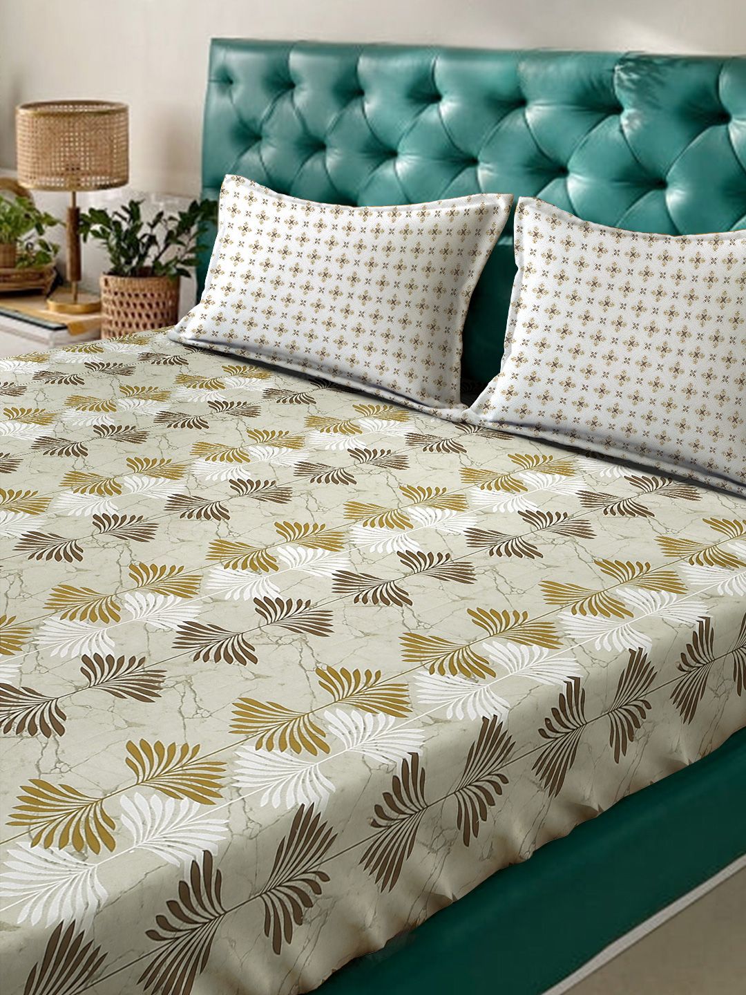 Myntra Elegant Homes OliveGreen Floral Fitted 400TC Cotton Set Cadar King 2.50 x 2.25 m