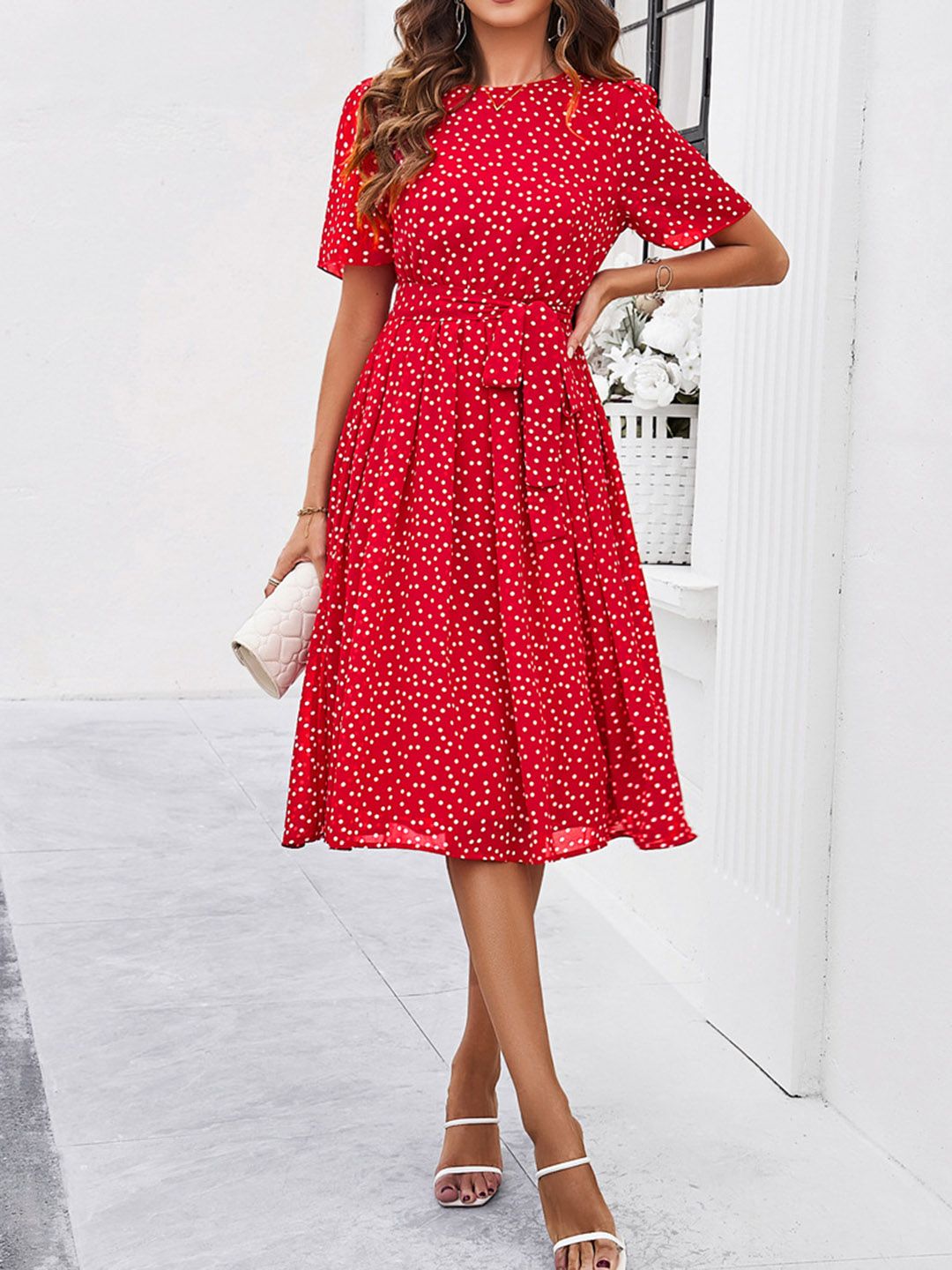 all about you Polka Dot Print Puff Sleeves Fit & Flare Dress
