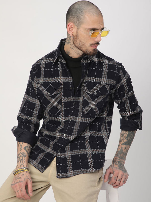 VASTRADO Men Elan Navy Dot Checks Double Flap Pocket Pure Cotton Corduroy Overshirt