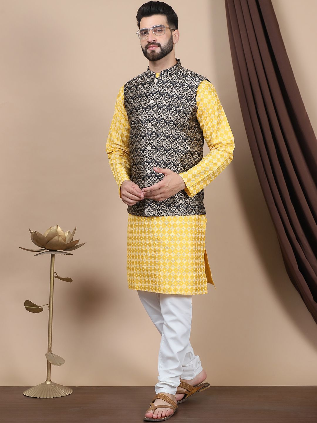 Anouk Floral Printed Regular Pure Cotton Straight Kurta With Churidar & Nehru Jacket