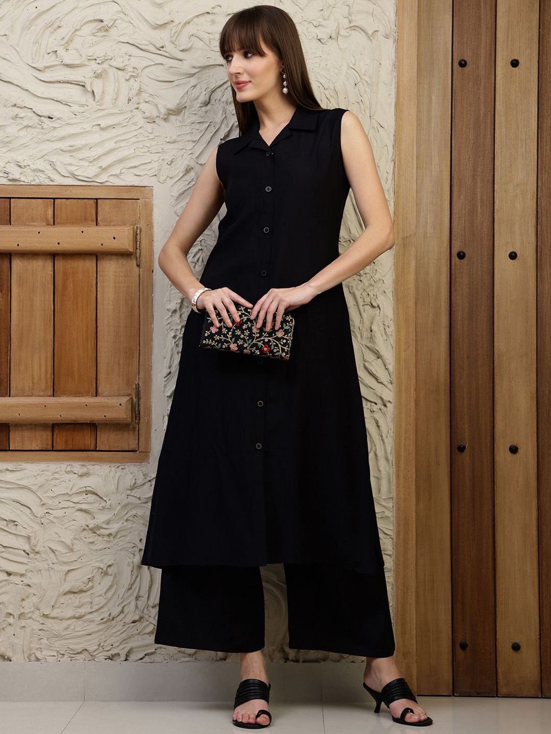 KALINI Solid V-Neck A-Line Kurta With Palazzos