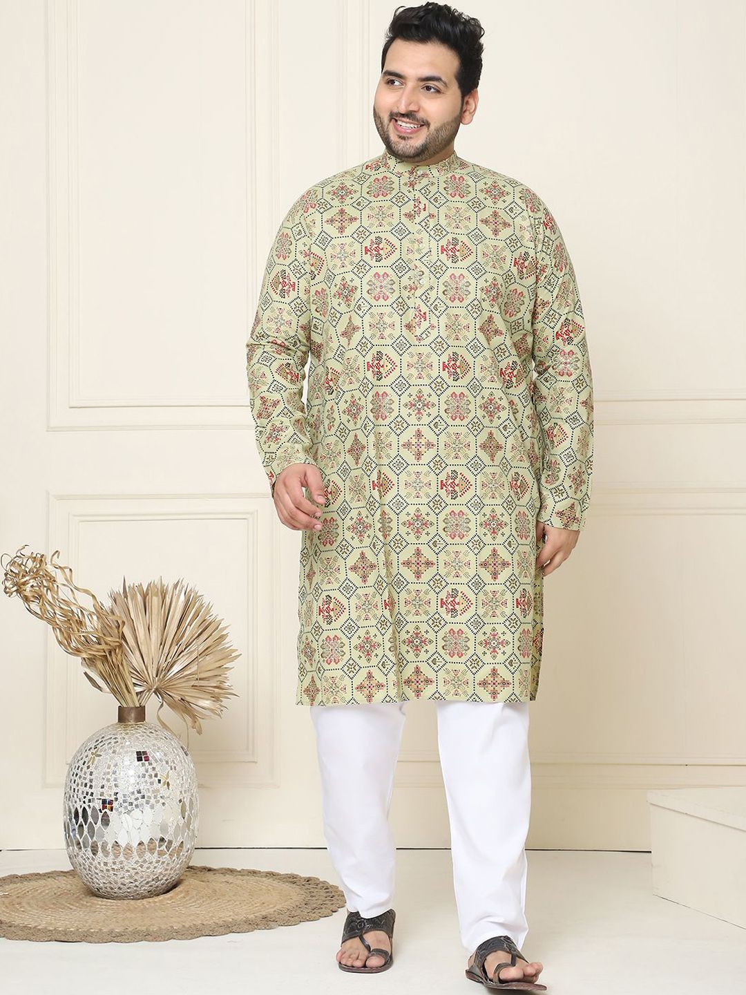 SOJANYA PLUS Motif Etnik Bercetak Linen Kapas Kurta Lurus dengan Piyama