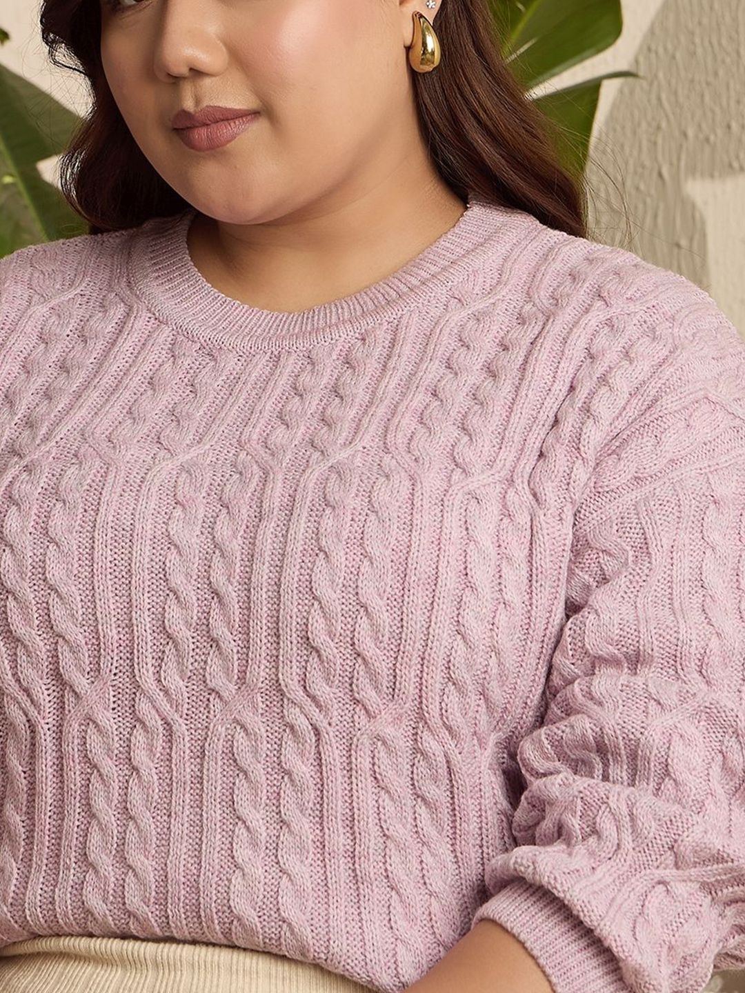 Berrylush Curve Women Cable Knit Long Sleeves Pullover