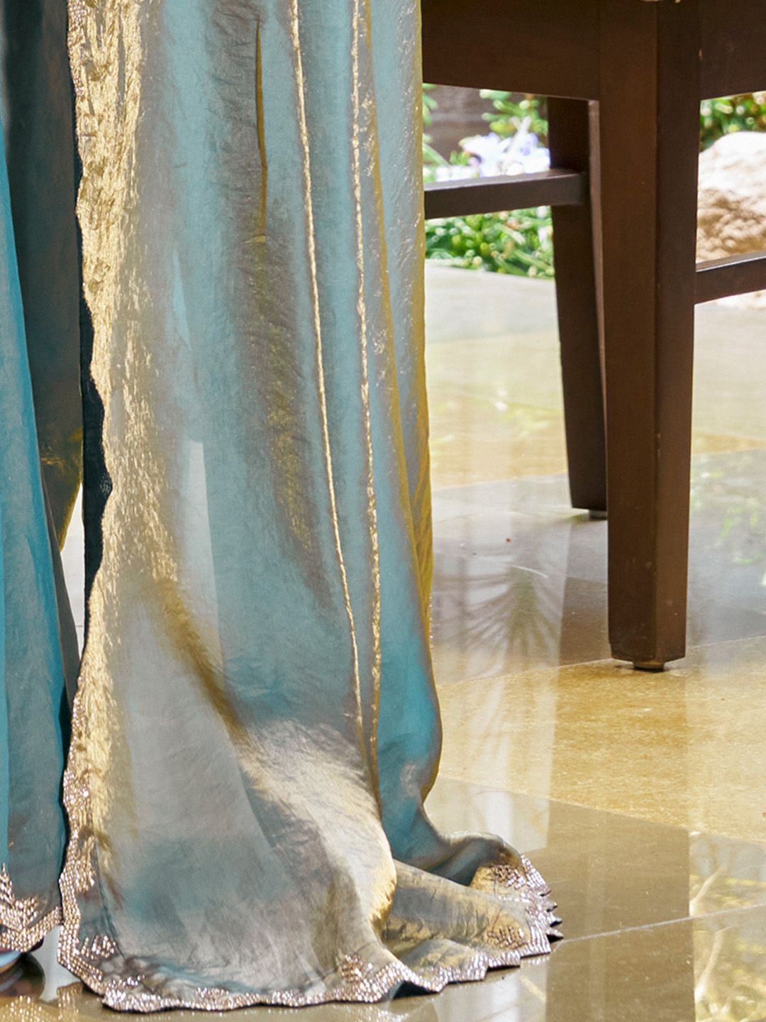 Saree Mall Teal blue Pure Chiffon Embellished Party Wear Saree with Matching Blouse