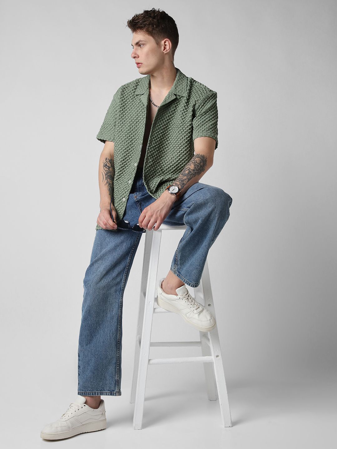 VASTRADO Men Classic Oversized Fit Cuban Collar Textured Casual Shirt