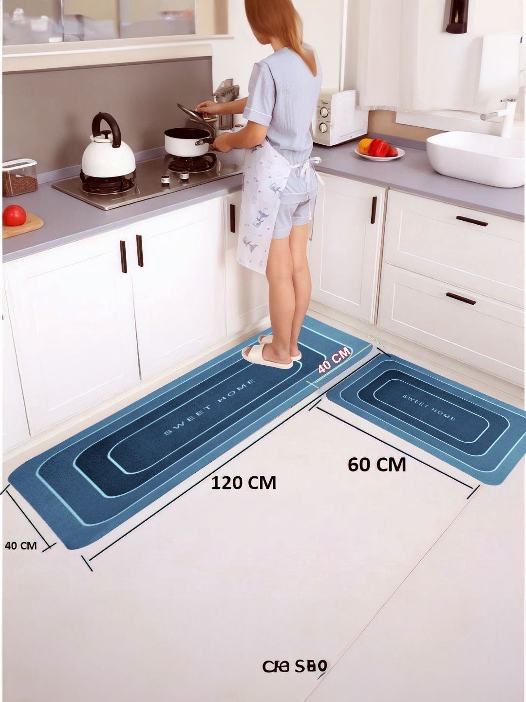 Cortina Blue 2 Pieces Printed Rectangular Anti-Skid Kitchen Mats