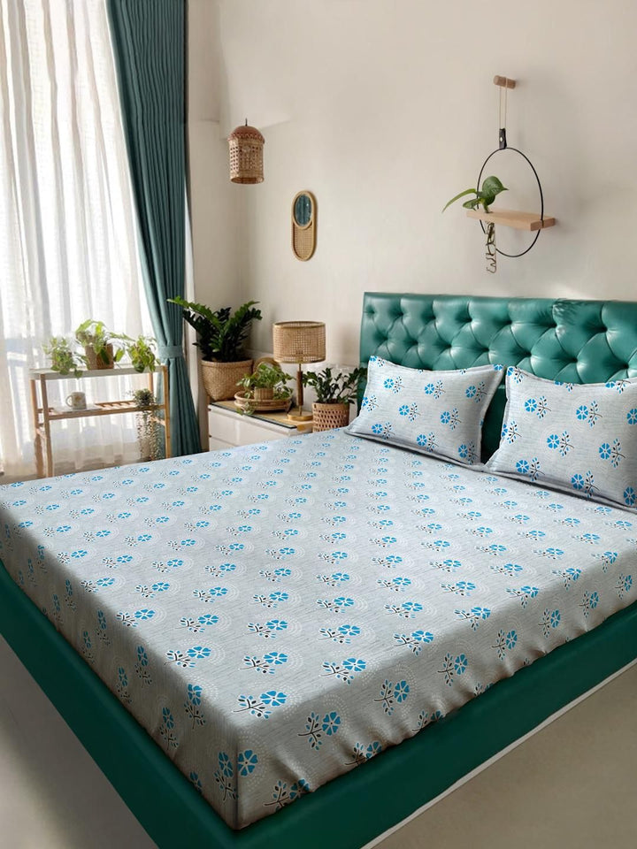 KLOTTHE Set Cadar King Bercetak Bunga Biru 400 TC Kapas 2.50 m x 2.25 m