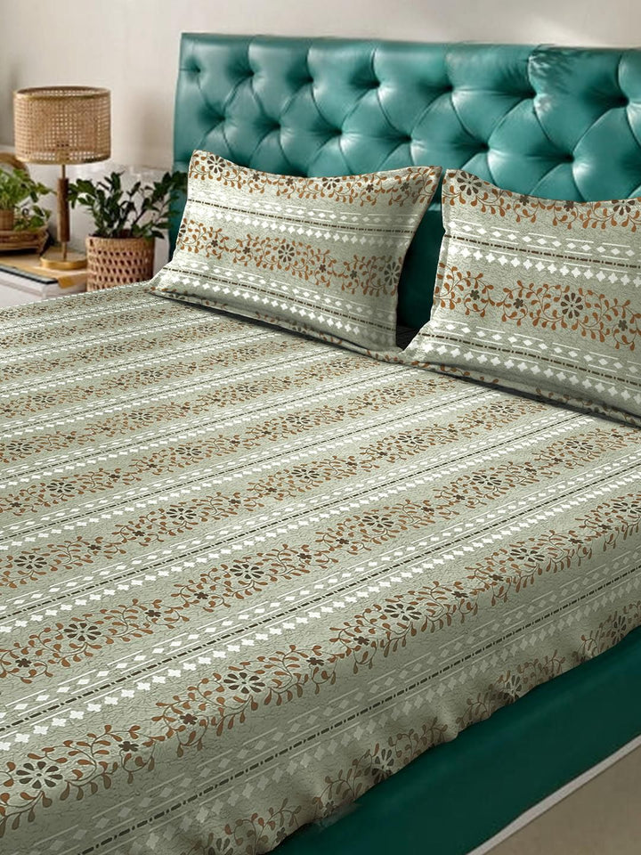 KLOTTHE Green Floral Printed Fitted 400 TC Cotton King Bedsheet & 2 Pillow Covers