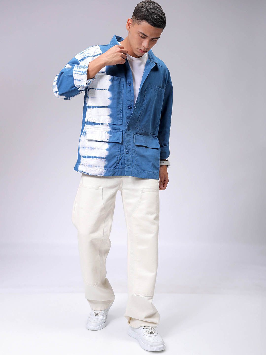 The Indian Garage Co Men Tie and Dye Denim Jacket with Patchwork