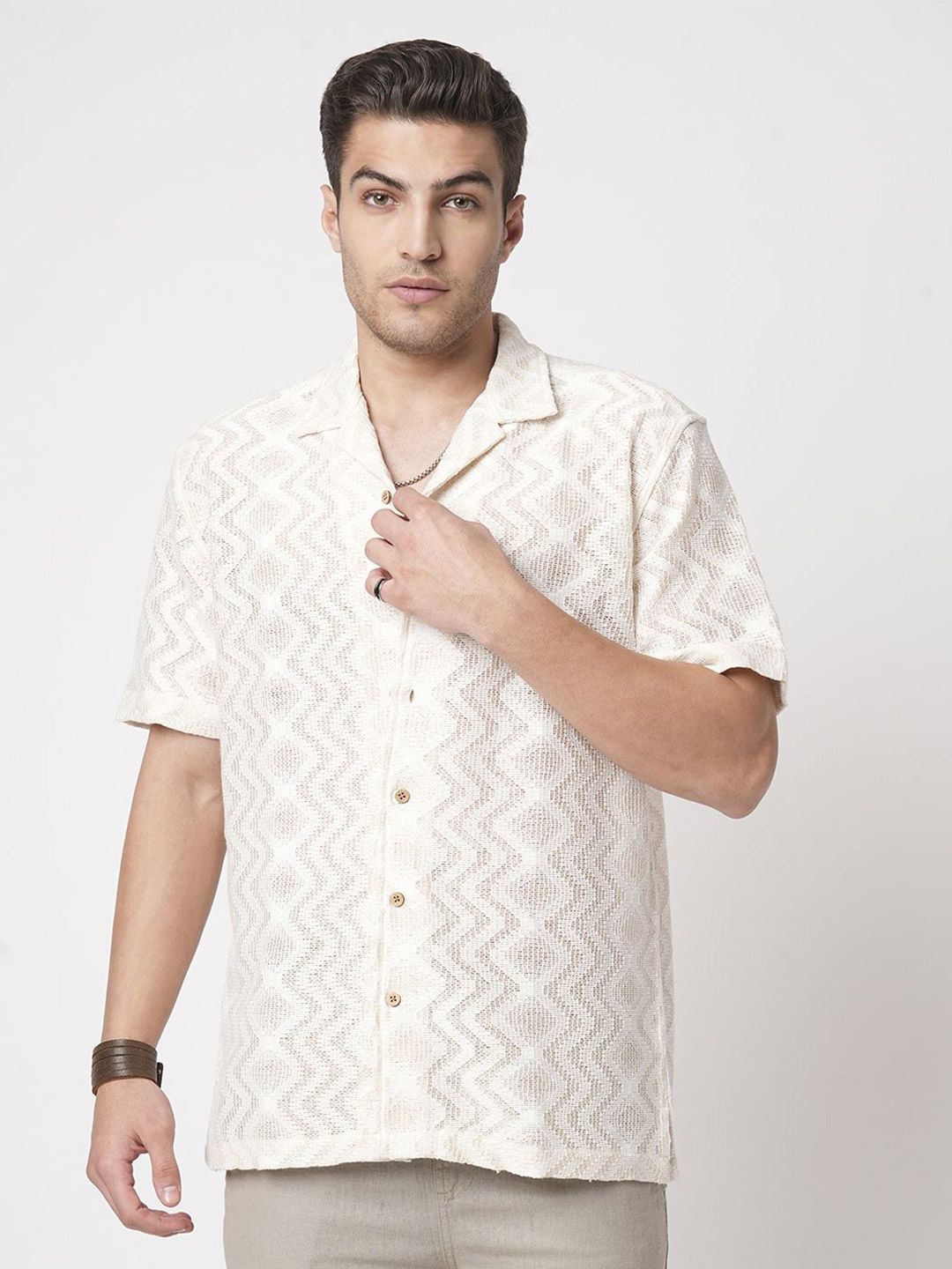 VASTRADO Pure Cotton Crochet Notch Collar Oversized Shirt