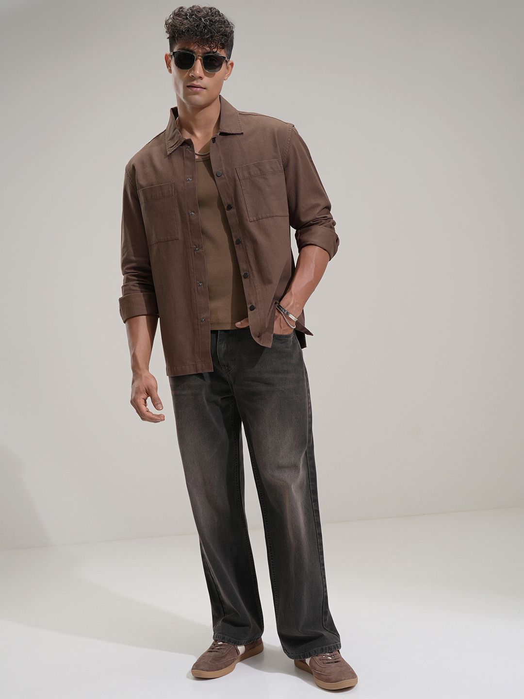 HIGHLANDER Men Comfort Relaxed Fit Textured Spread Collar Cotton Casual Shirt