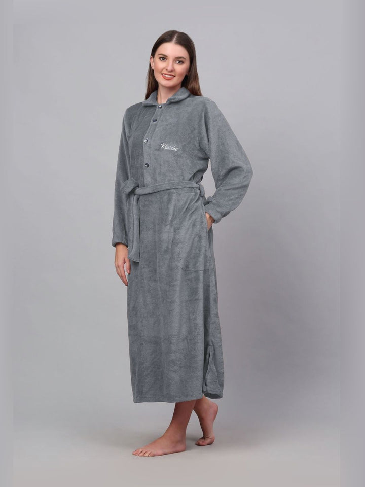 KLOTTHE Grey Shirt Collar Woolen Bath Robe With Belt