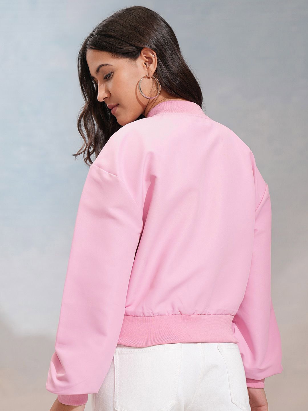 Tokyo Talkies Women Solid Zip Detailing Crop Bomber Jacket