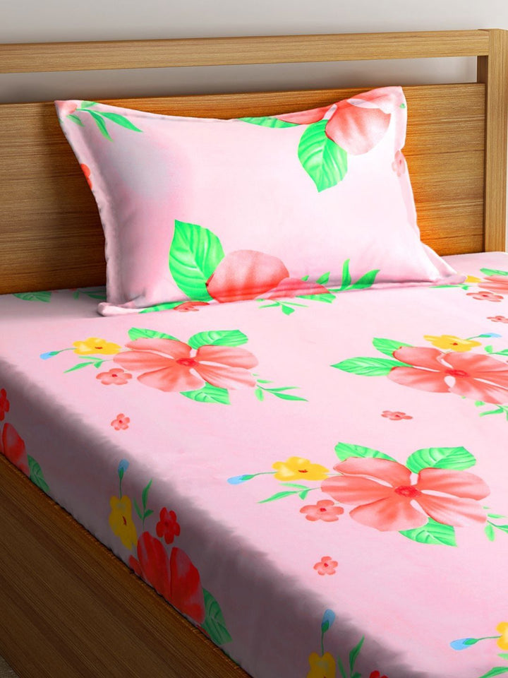 Myntra Elegant Homes Pink Floral Cotton 300 TC Single Cadar Halus dengan Sarung Bantal-220 x 150 cm