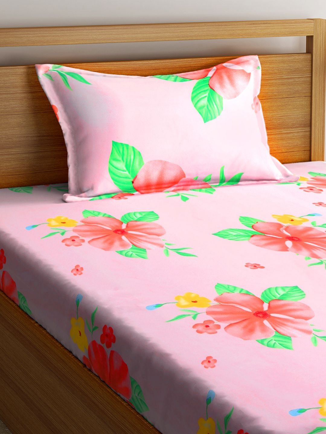 Myntra Elegant Homes Pink Floral Cotton 300 TC Single Cadar Halus dengan Sarung Bantal-220 x 150 cm