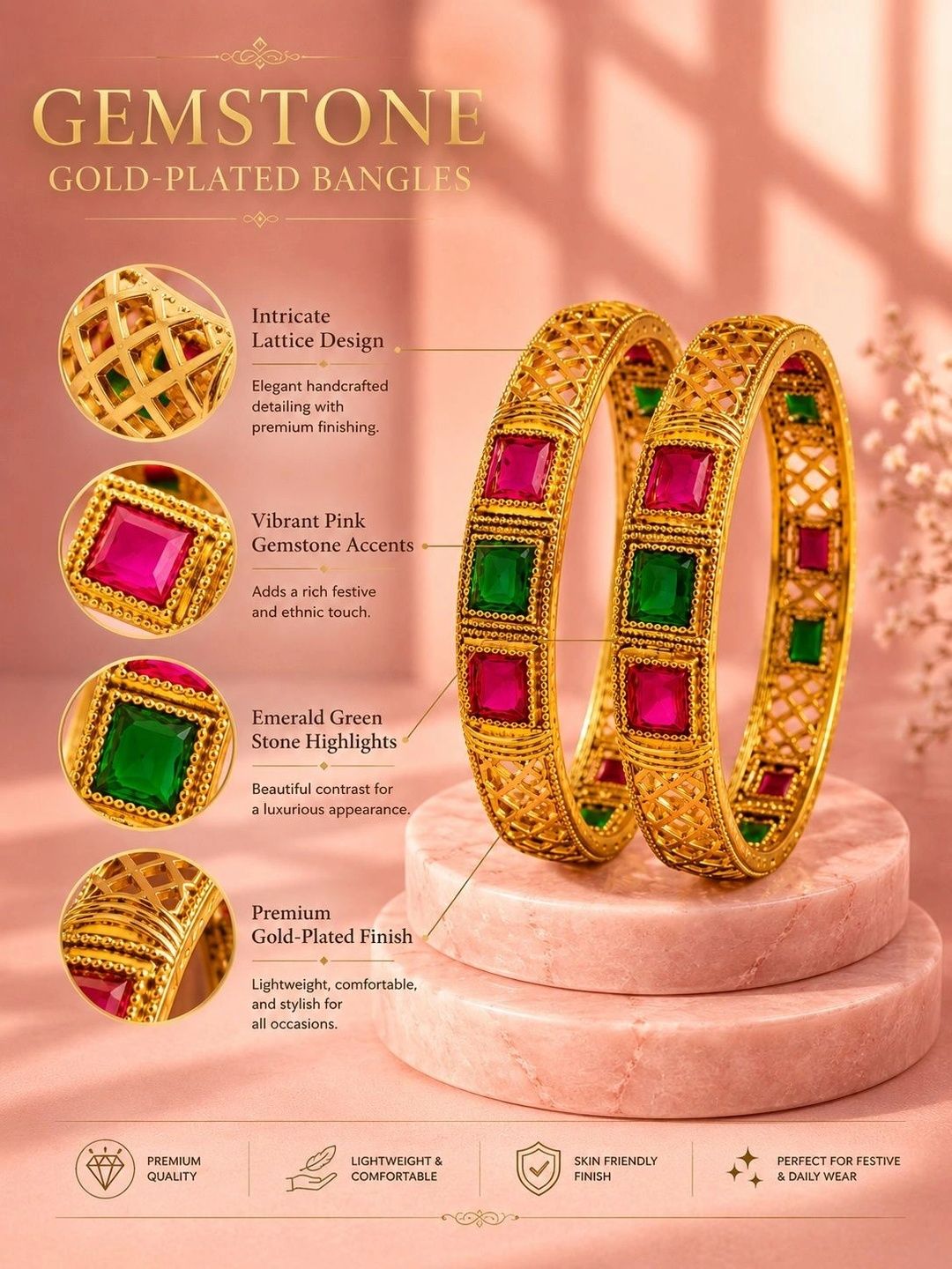 PANASH Set Of 2 Gold-Plated Artificial Stones Studded Bangles