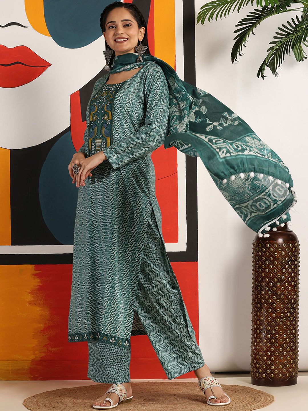 Mamicha Wanita Bercetak Kurta Kapas Tulen Biasa dengan Palazzos & Dengan Dupatta