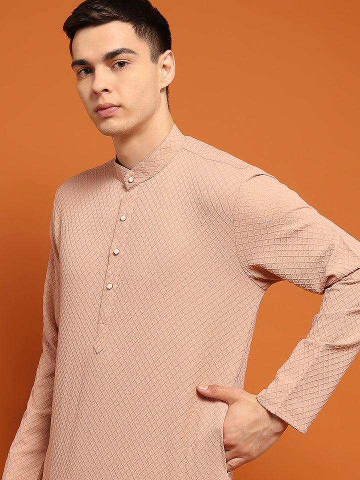 House of Chikankari Men Pink Cotton Embroidered Kurta