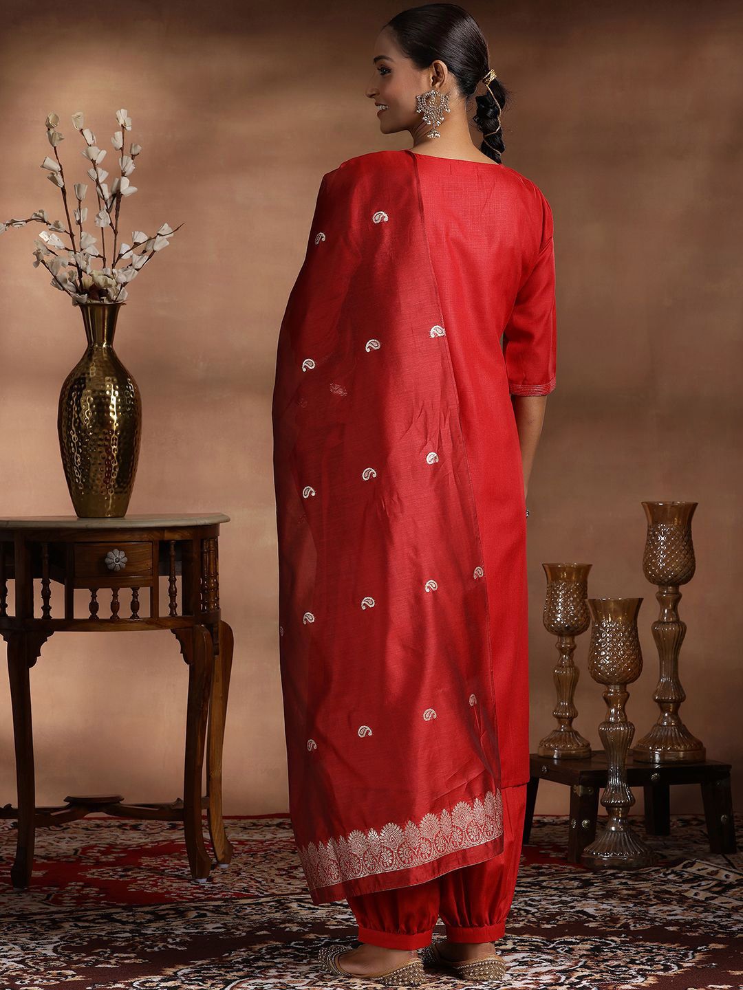 Libas Zari V-Neck Straight Kurta With Salwar & Dupatta