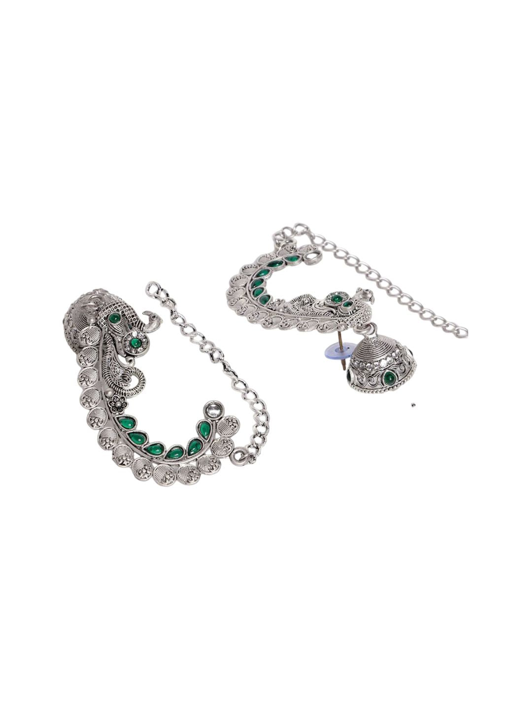PANASH Silver Plated Peacock Shaped Oxidized Ear Cuffs Jhumka Earrings