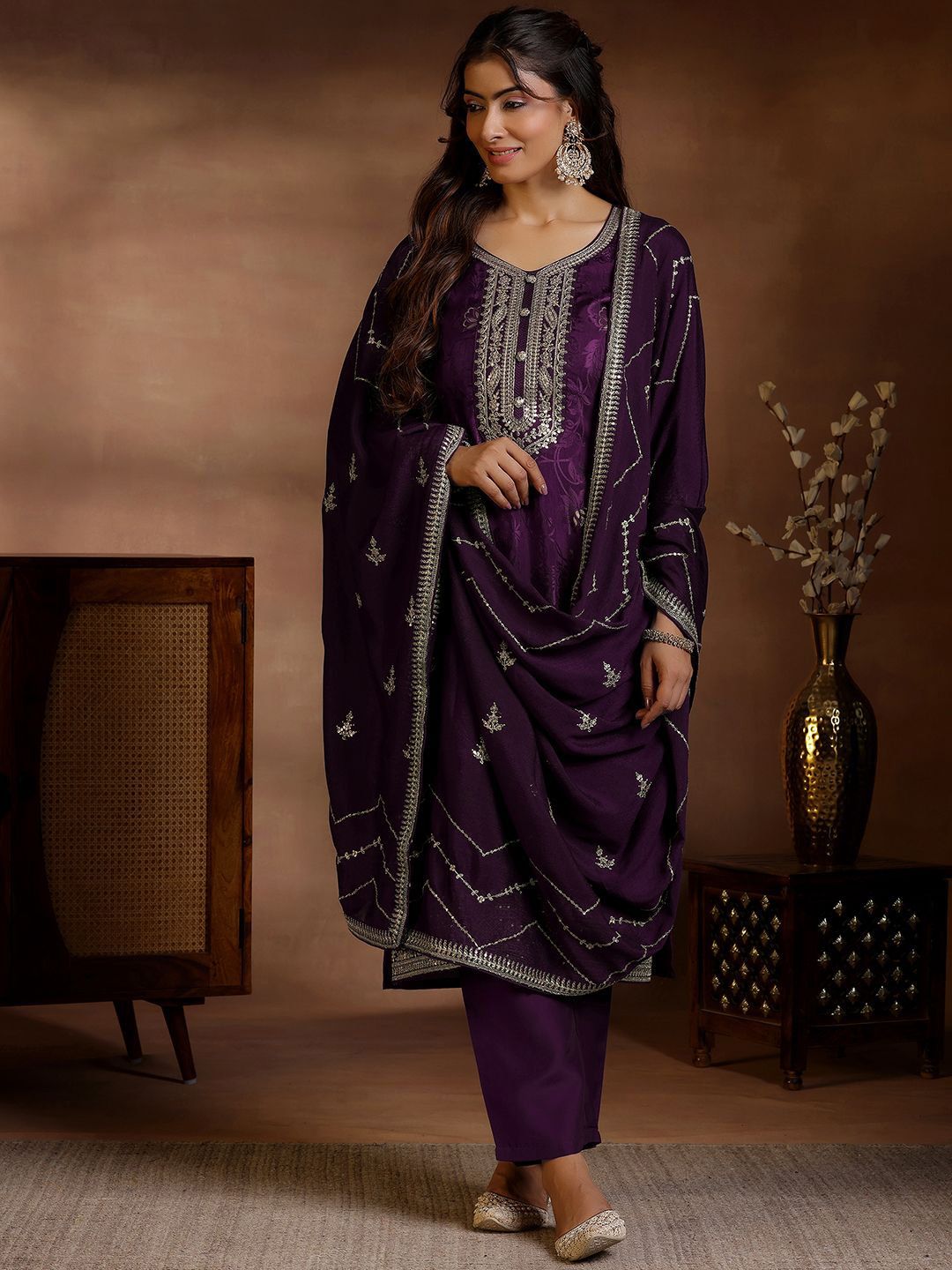 Libas Floral Printed V-Neck Thread Work Straight Kurta With Palazzos & Dupatta