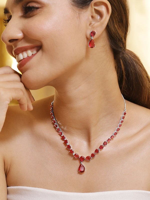 Rubans premium rhodium bersalut set barang kemas pernyataan ruby ​​merah