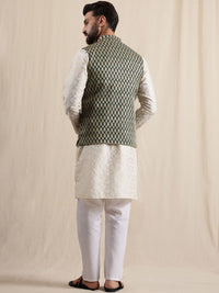 Motif Etnik Anouk Bersulam Kolar Mandarin Kurta Jodhpuri Dengan Piyama & Jaket Nehru