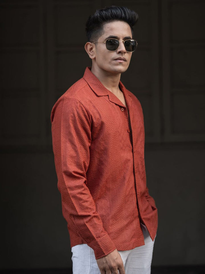 Powerlook Men Cuban Collar Self Design Casual Shirt