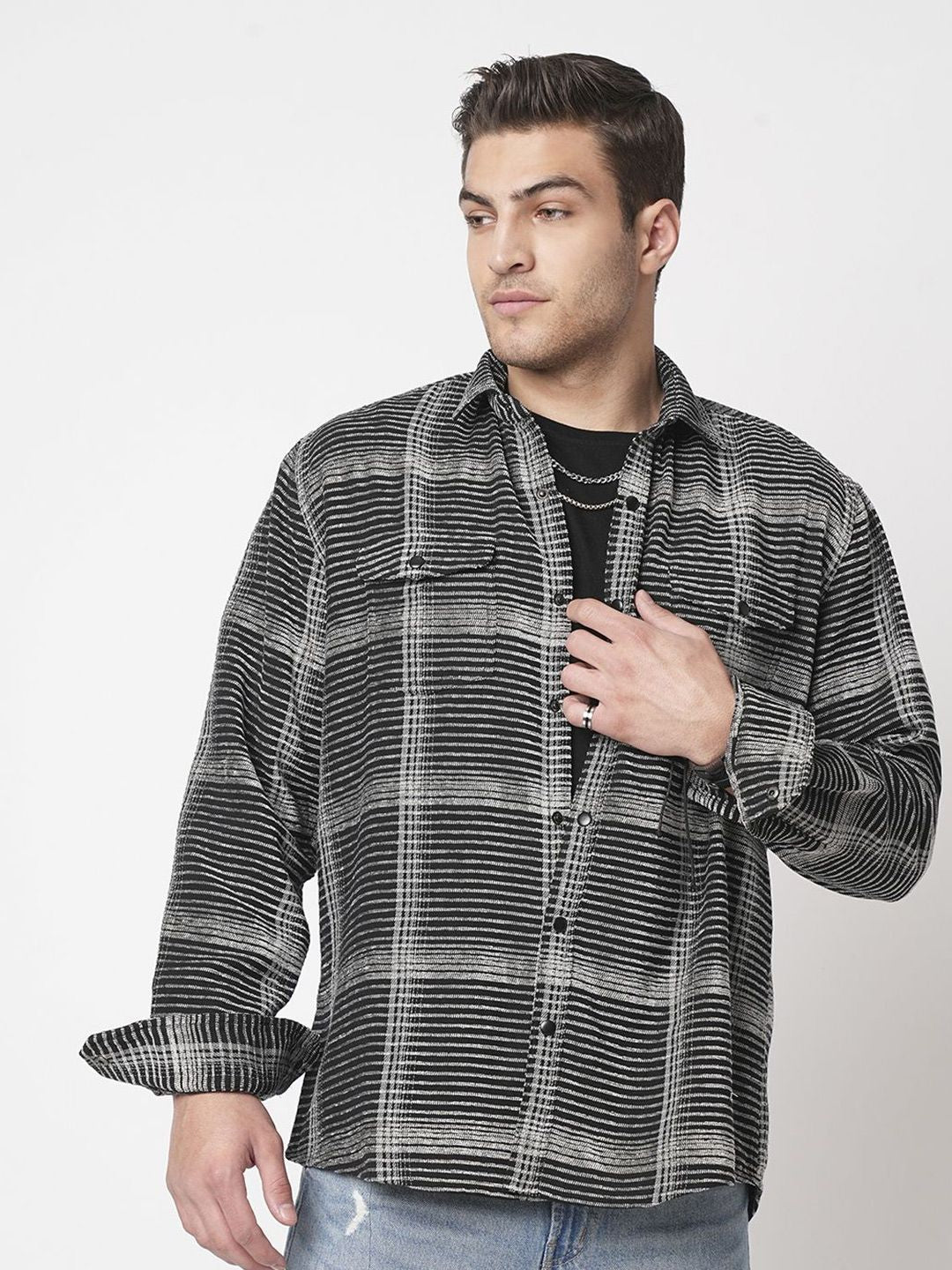 VASTRADO Men Black & White Checked Double Flap Pocket Textured Overshirt