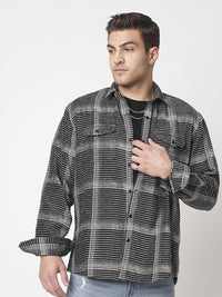 VASTRADO Men Black & White Checked Double Flap Pocket Textured Overshirt