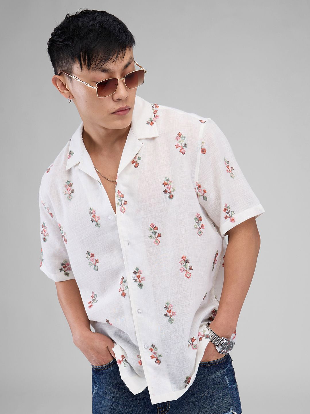 VASTRADO Men White Embroidered Notch Collar Oversized Shirt