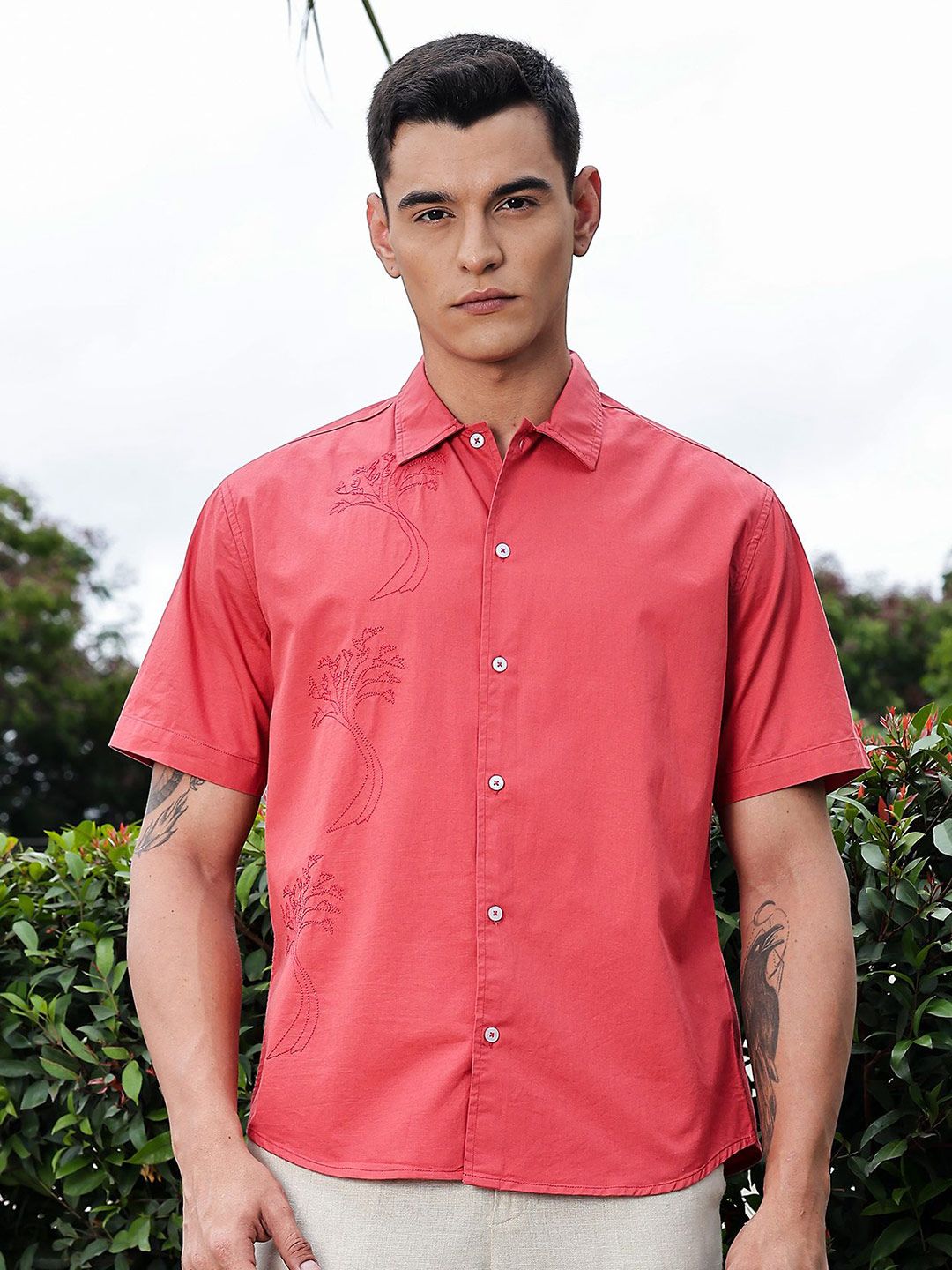 Thomas Scott Men Premium Floral Embroidered Casual Shirt