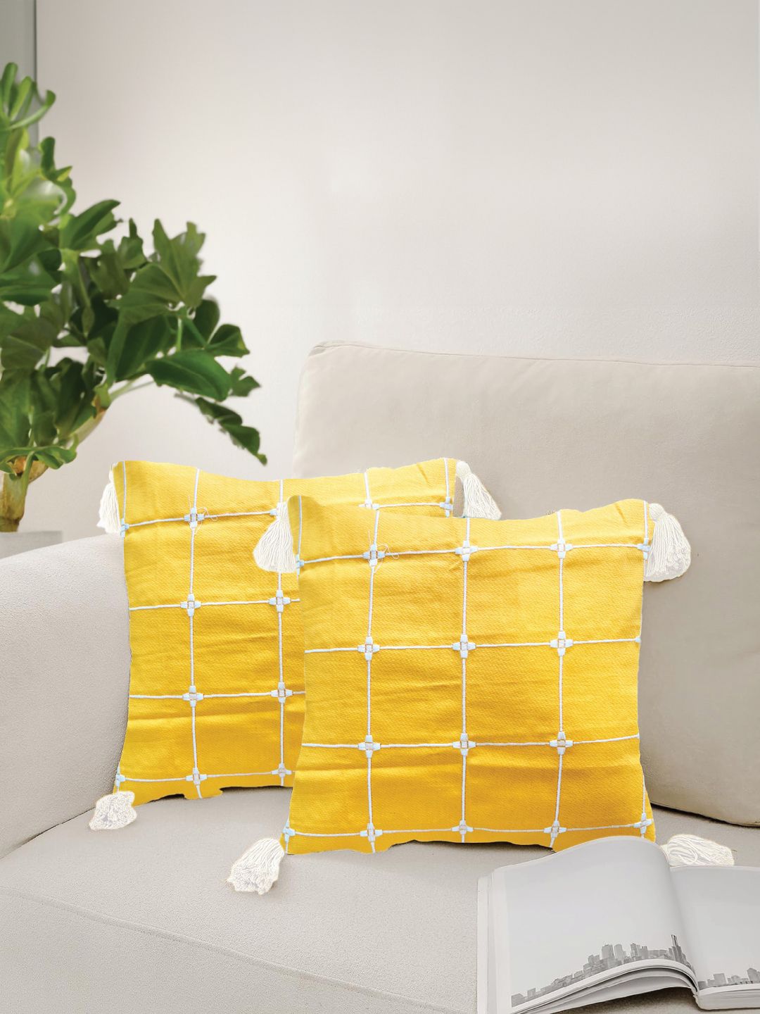 URBAN SPACE Yellow & White 2 Pieces Embroidered Pure Cotton Square Cushion Covers