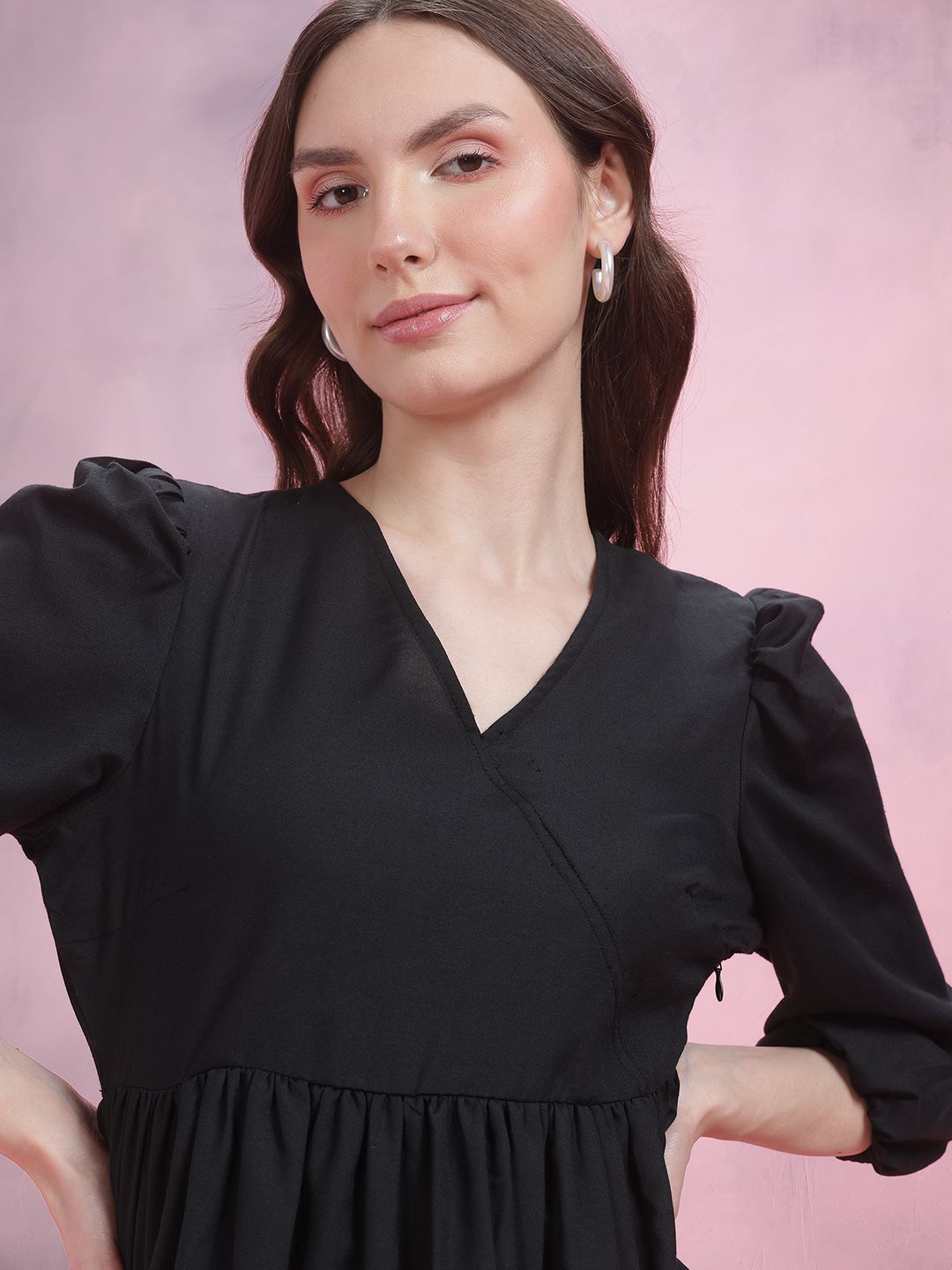 DressBerry Faux Wrap Puff Sleeve A-Line Dress