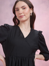 DressBerry Faux Wrap Puff Sleeve A-Line Dress