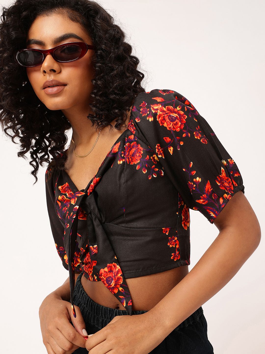 DressBerry Floral Printed Bow Detailed Fitted Crop Top