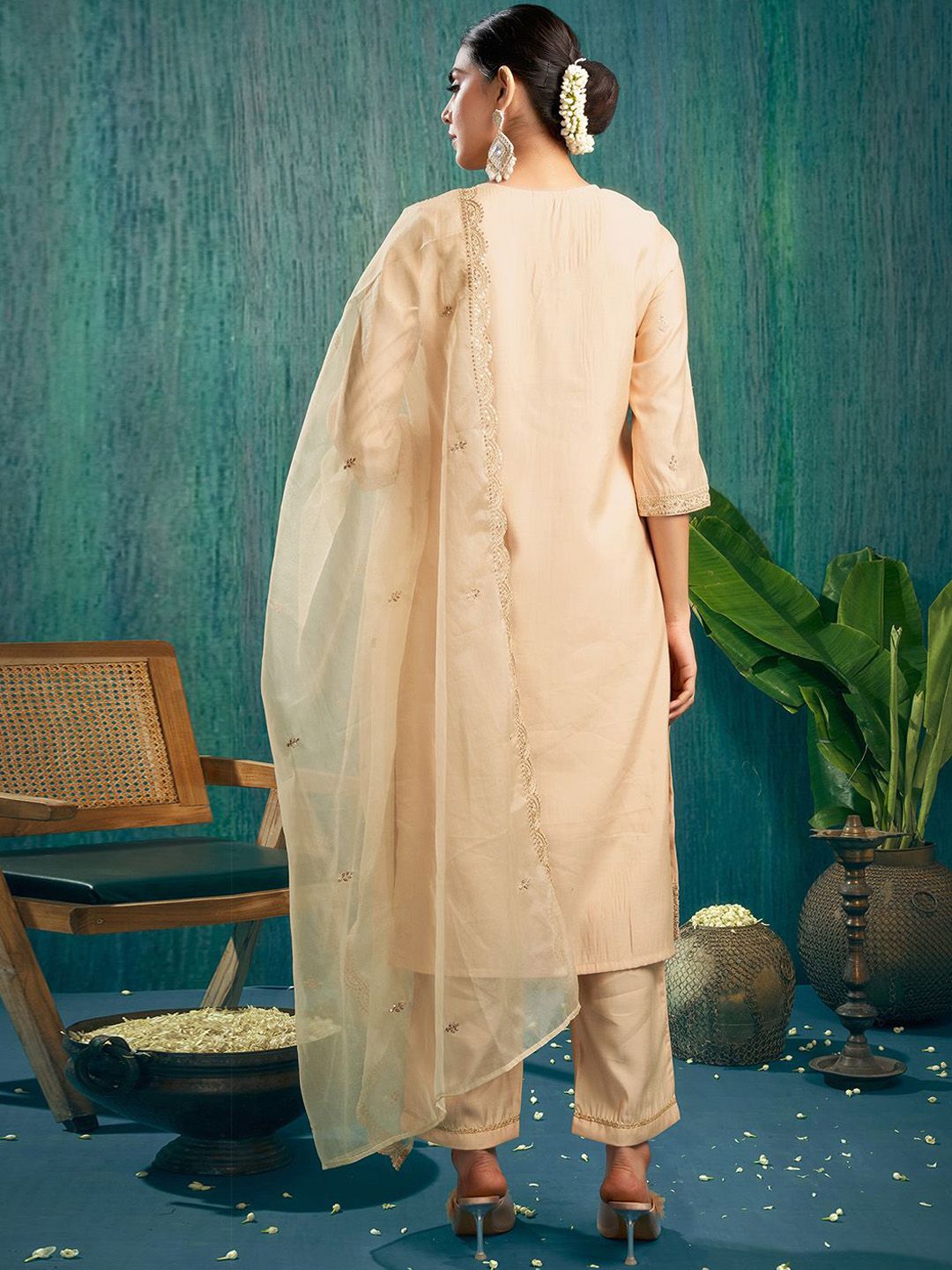 KALINI Ethnic Motifs Embroidered Sequinned Chanderi Silk Kurta & Trouser & Dupatta