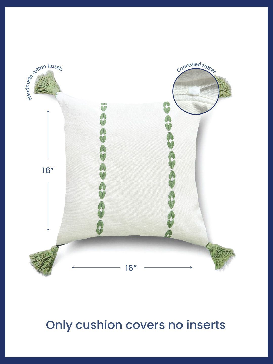 URBAN SPACE Green & White 2 Pieces Embroidered Pure Cotton Square Cushion Covers