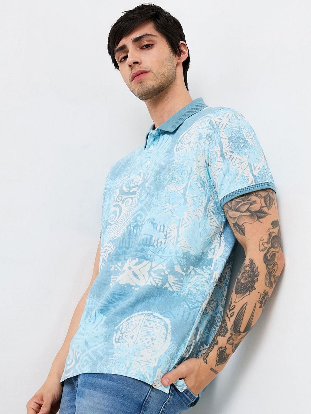 SPYKAR Men Abstract Printed Polo Collar Cotton Slim Fit T-shirt