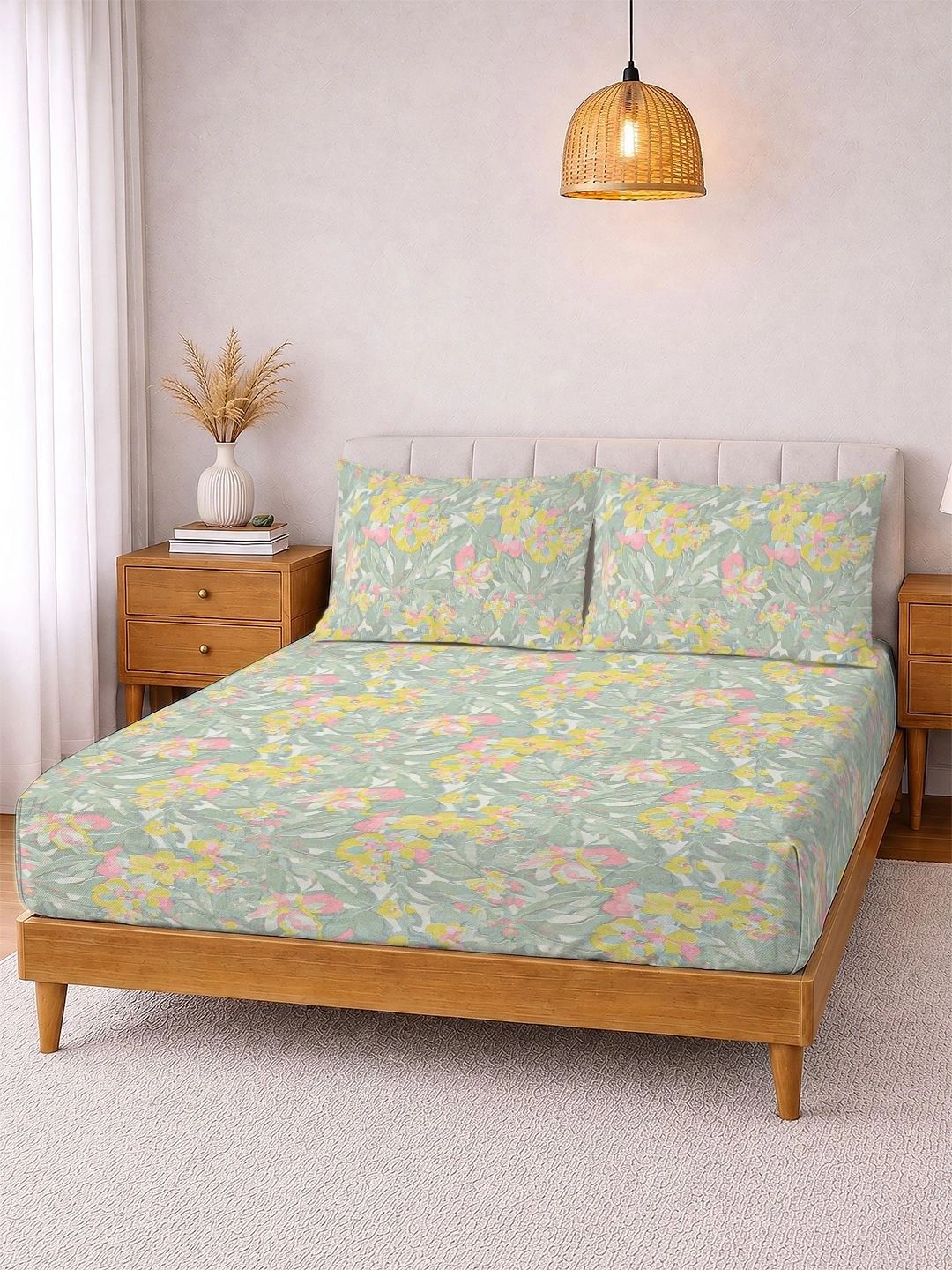 KLOTTHE Green & Pink Floral 300 TC Cadar King dengan 2 Sarung Bantal