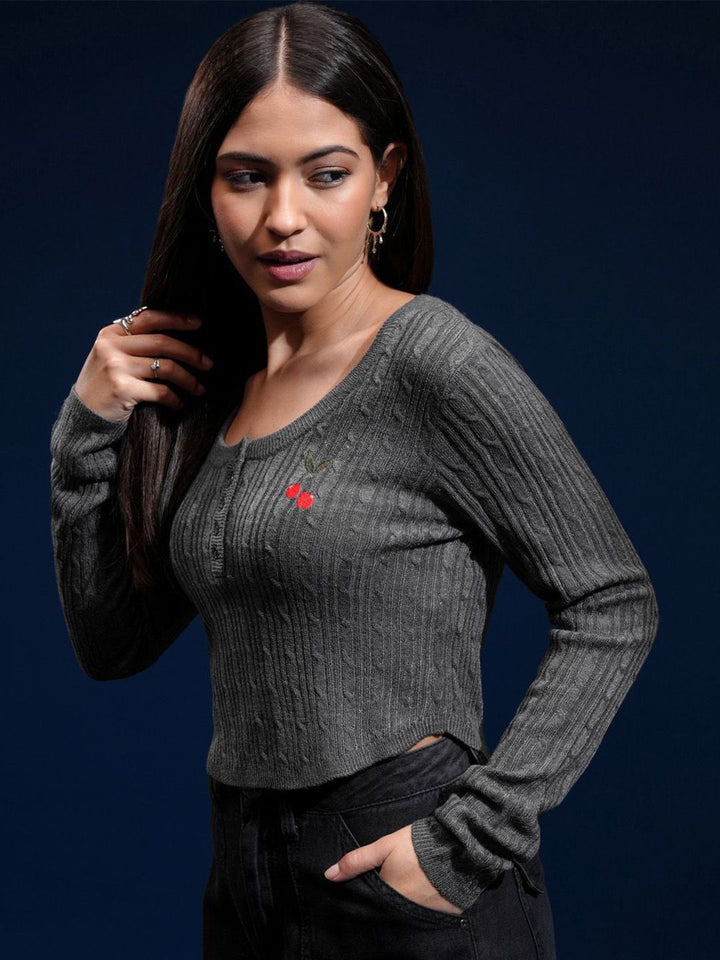 Tokyo Talkies Women Cable Knit Round Neck Pullover Sweater