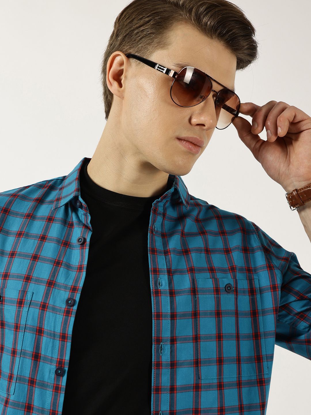 Thomas Scott Men Classic Spread Collar Windowpane Checked Cotton Slim Fit Casual Shirt