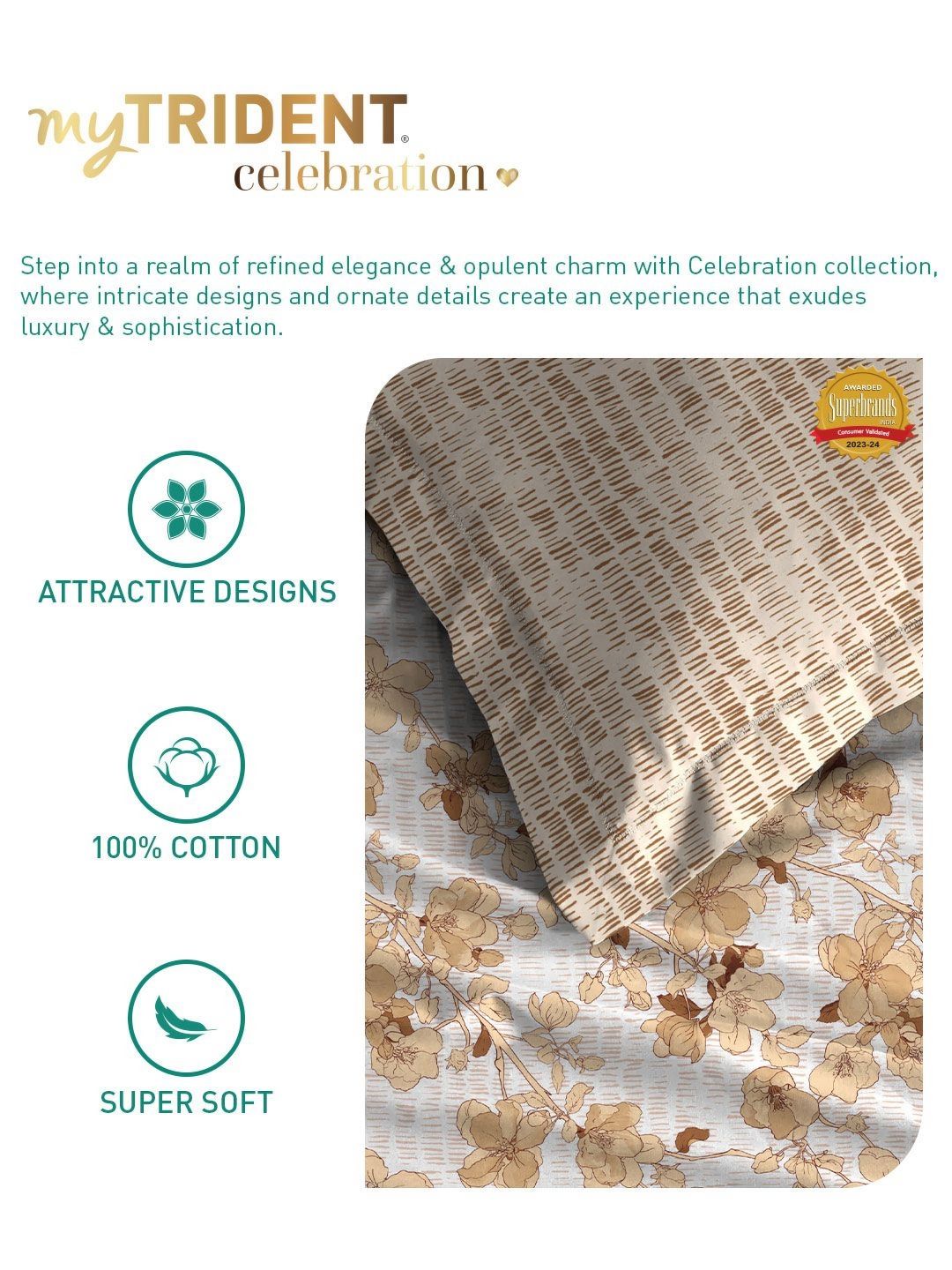 MYTRIDENT Celebration Off White Printed Pure Cotton 144 TC Queen Bedsheet Set 2.28 m x 2.54 m