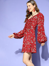 Berrylush Floral Print Puff Sleeve A-Line Mini Dress